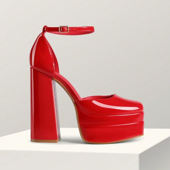 Red Fashionable Women's High Block platform Heels - Picture 6 of 9
